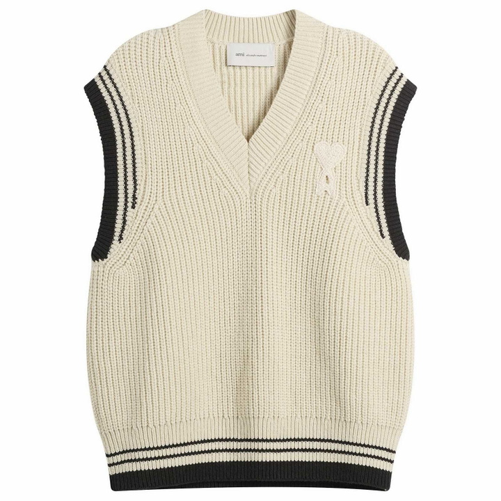 Photo: AMI Paris Men's V Neck Sleeveless Sweater in Blanc Creme