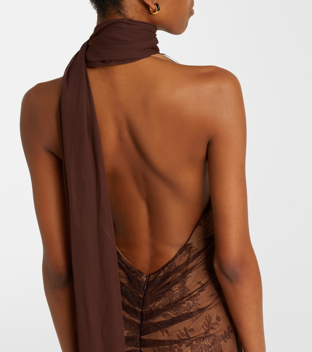 De La Vali Amora scarf-detail ruched lace maxi dress