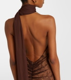 De La Vali Amora scarf-detail ruched lace maxi dress