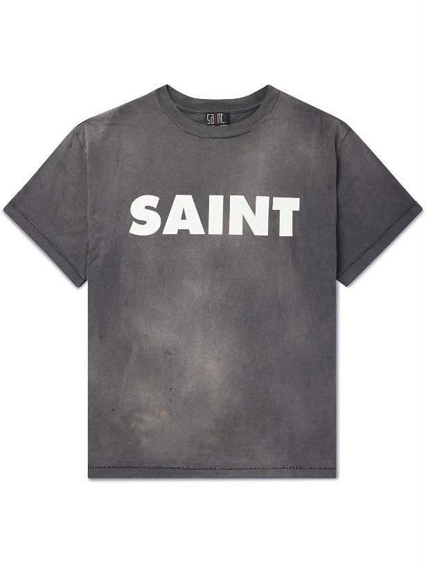 Photo: SAINT Mxxxxxx - Distressed Logo-Print Cotton-Jersey T-Shirt - Gray