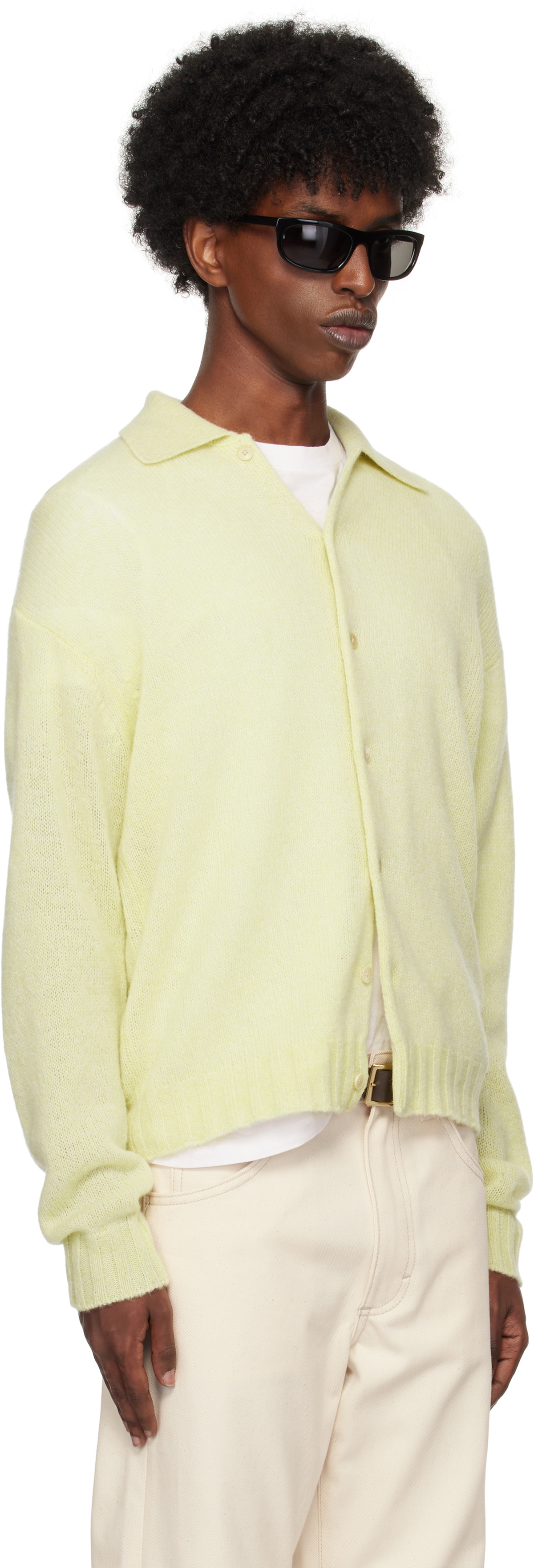 AURALEE Yellow Shetland Wool Cashmere Knit Cardigan