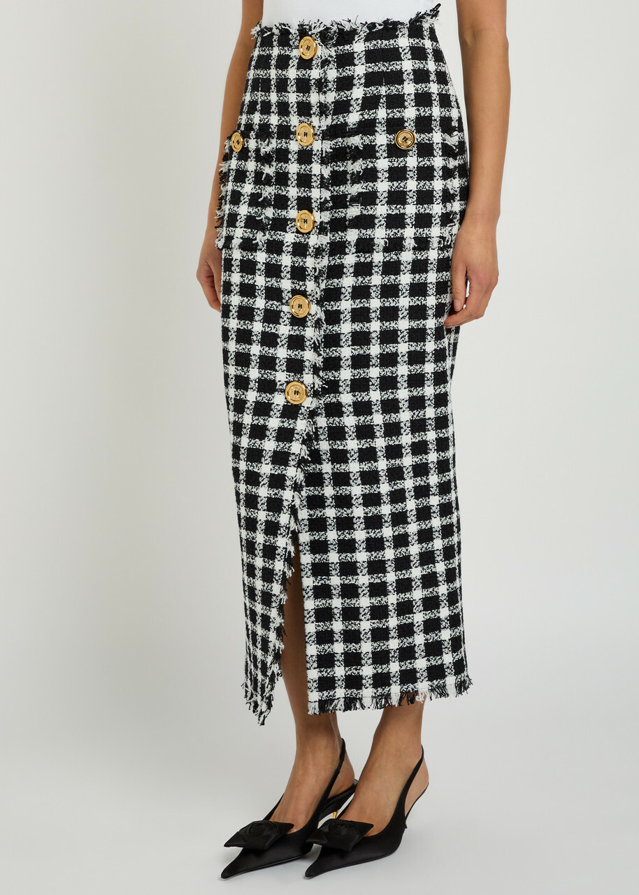 Balmain Checked Tweed Midi Skirt Black And White