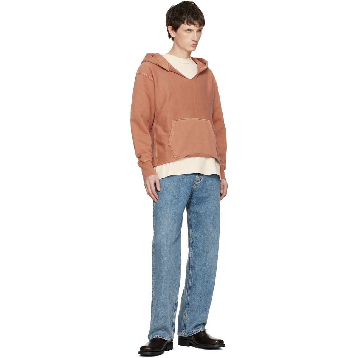 Les Tien Orange Heavyweight Raw Cropped Hoodie