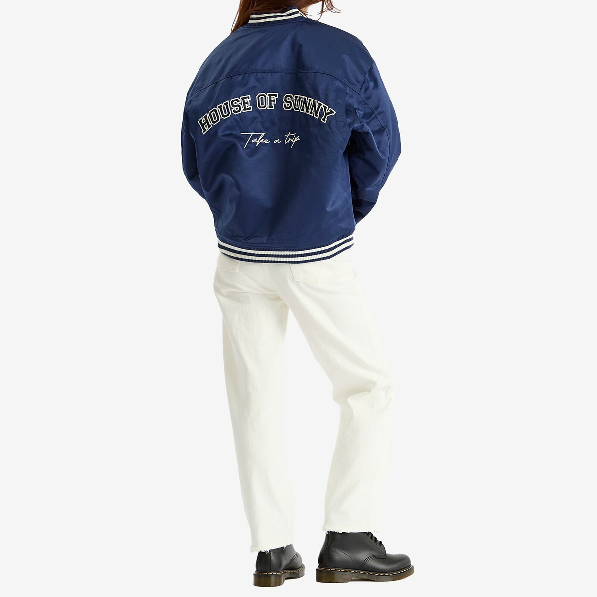 House Of Sunny Women's Satin Cult Bomber Jacket in True Navy