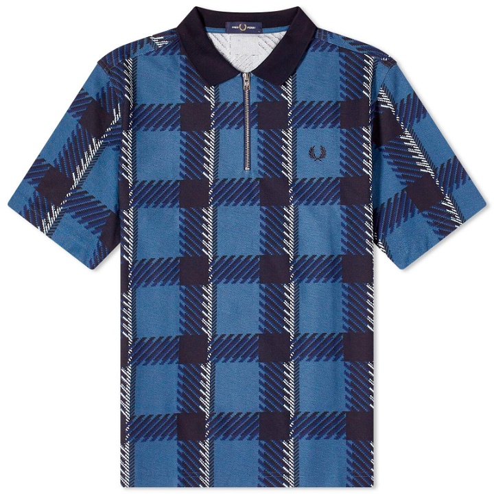 Photo: Fred Perry Men's Gllitch Tartan Zip Neck Polo Shirt in Midnight Blue