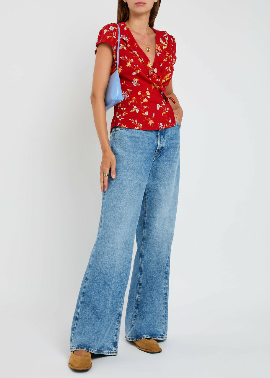Reformation Clemence Floral-print Crepe Wrap top Red