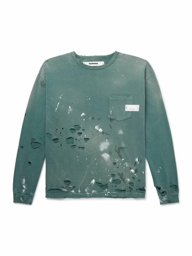 Photo: Neighborhood - Savage Distressed Paint-Splattered Cotton-Jersey T-Shirt - Green