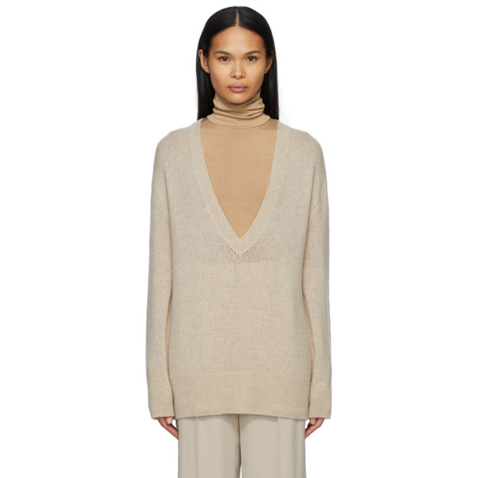 The Row Taupe Cashmere Baudelia V Neck Sweater The Row