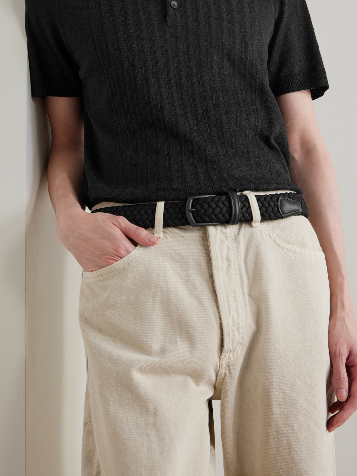 Anderson's - 3.5cm Leather-Trimmed Woven Elastic Belt - Black