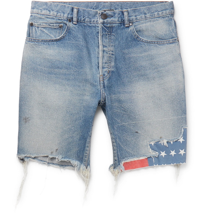 Photo: John Elliott - Bozeman Wide-Leg Distressed Denim Shorts - Blue