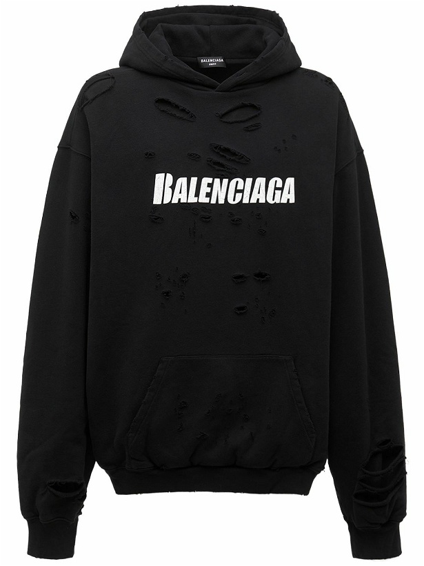 Photo: BALENCIAGA - Logo Destroyed Cotton Sweatshirt Hoodie