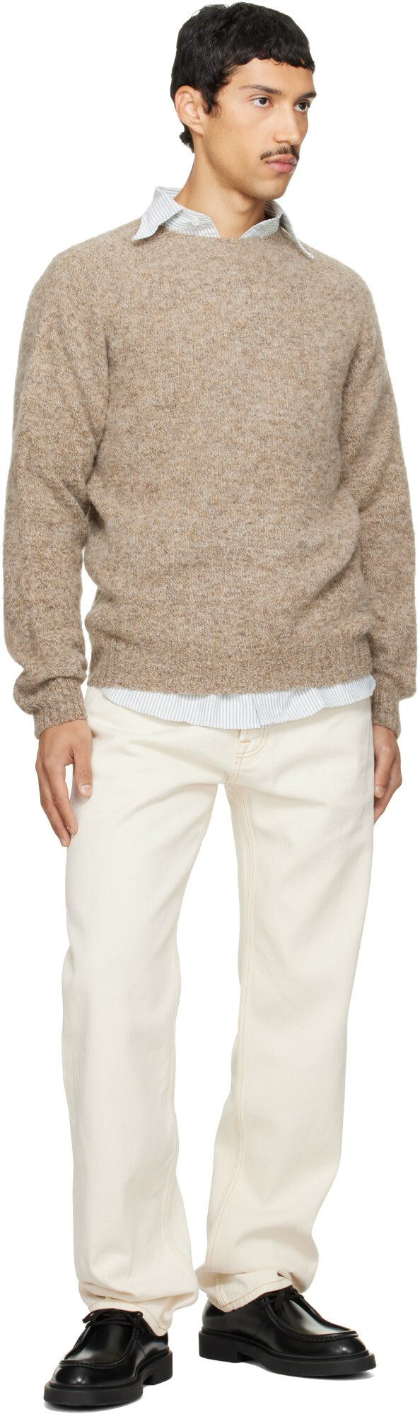 Drake's Beige Brushed Shetland Crew Neck Sweater