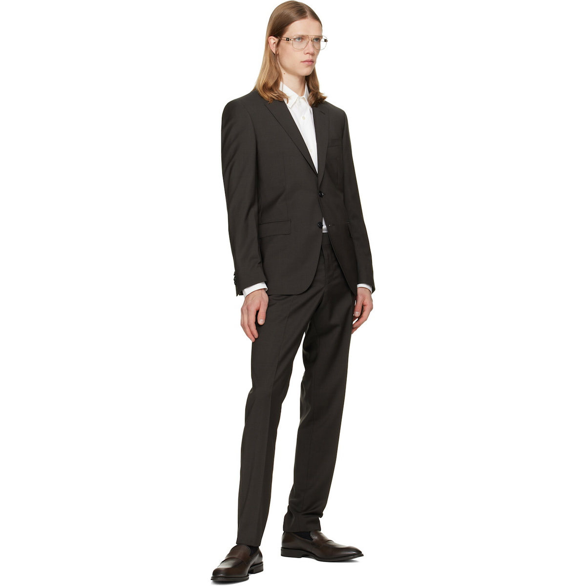 BOSS Brown Two-Piece Slim-Fit Wool Suit