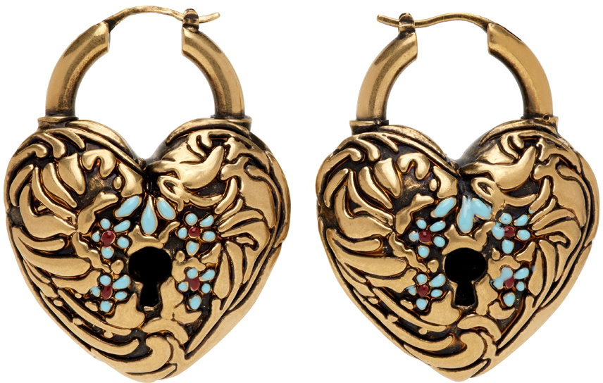 Acne Studios Gold & Blue Adore Heart Earrings Acne Studios