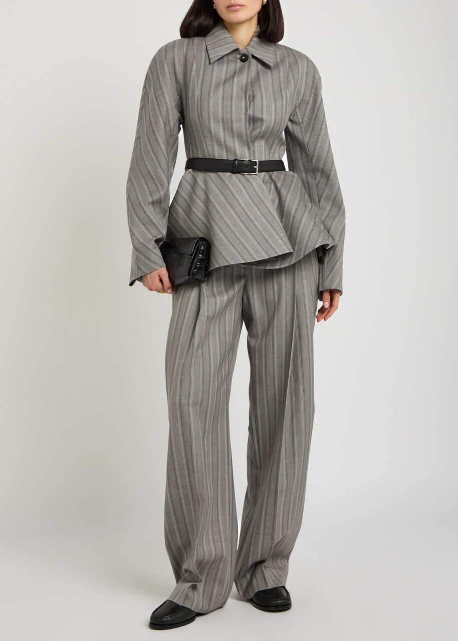Stella Mccartney Striped Peplum-hem Wool Jacket Grey