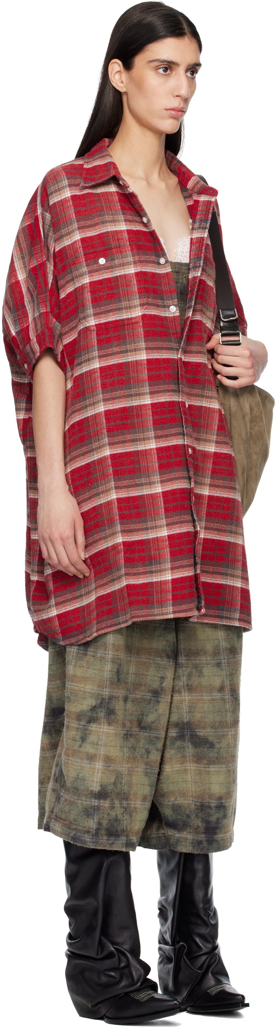 R13 Red Plaid Oversized Boxy Shirt Minidress