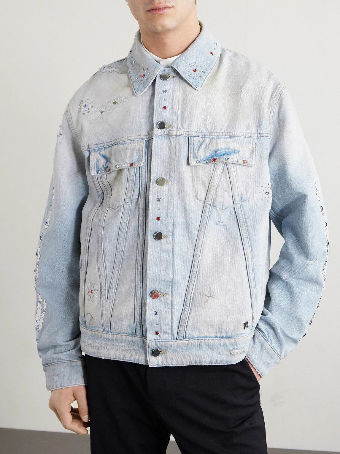 AMIRI - Embellished Distressed Denim Jacket - Blue