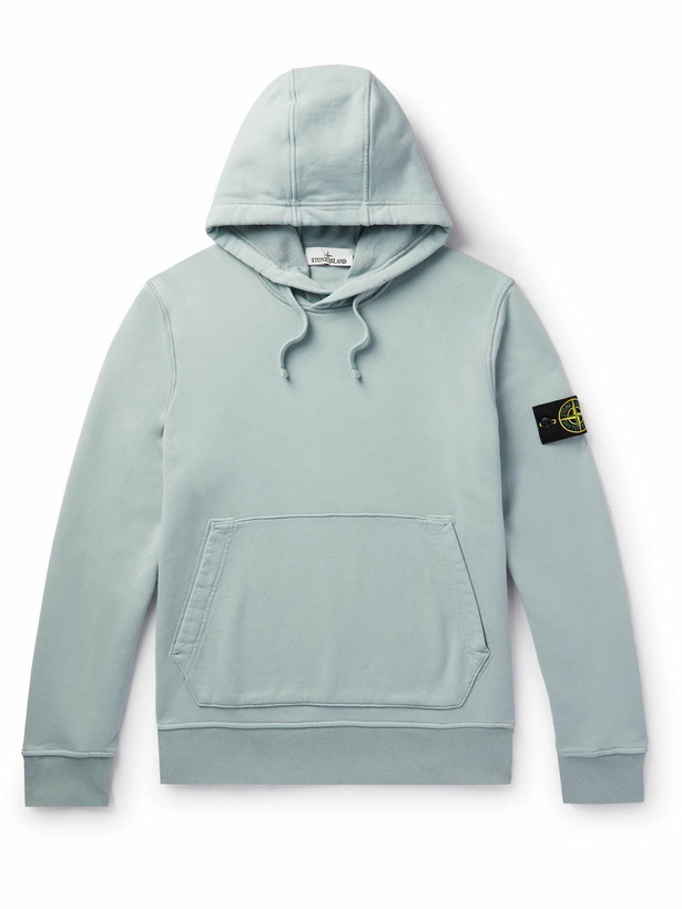 Photo: Stone Island - Garment-Dyed Logo-Appliquéd Cotton-Jersey Hoodie - Blue