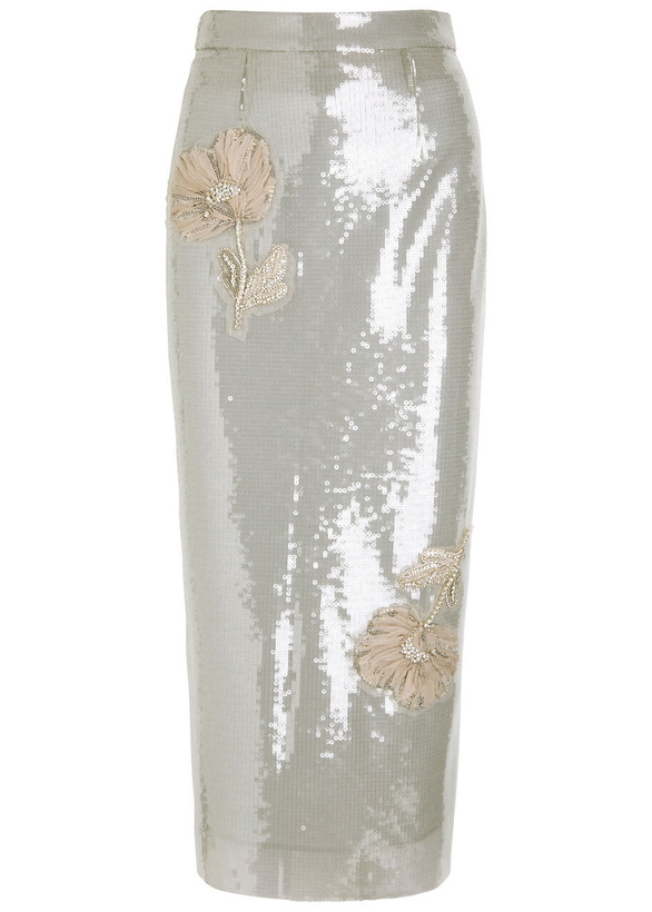 Photo: Huishan Zhang Oakley Floral-appliquéd Sequin Midi Skirt Silver