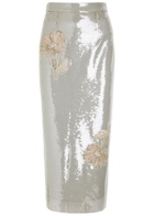 Huishan Zhang Oakley Floral-appliquéd Sequin Midi Skirt Silver