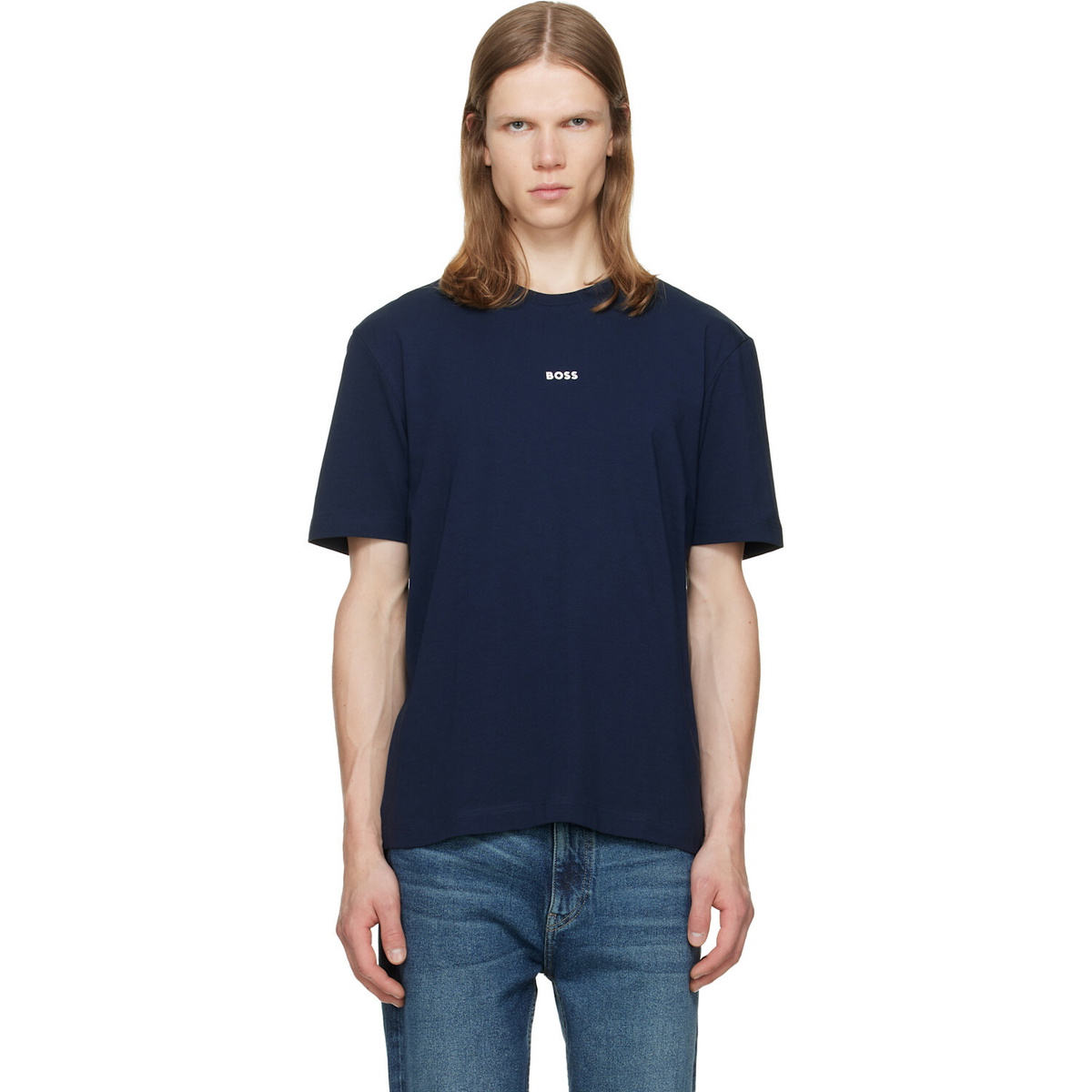 BOSS Navy Stretch-Cotton Contrast Logo T-shirt
