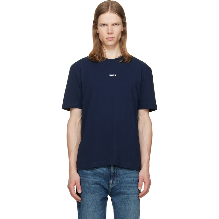 Photo: BOSS Navy Stretch-Cotton Contrast Logo T-shirt