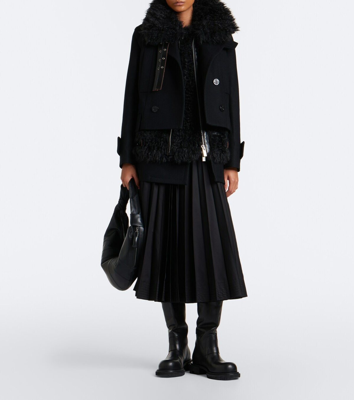 Sacai Layered leather-trimmed wool coat