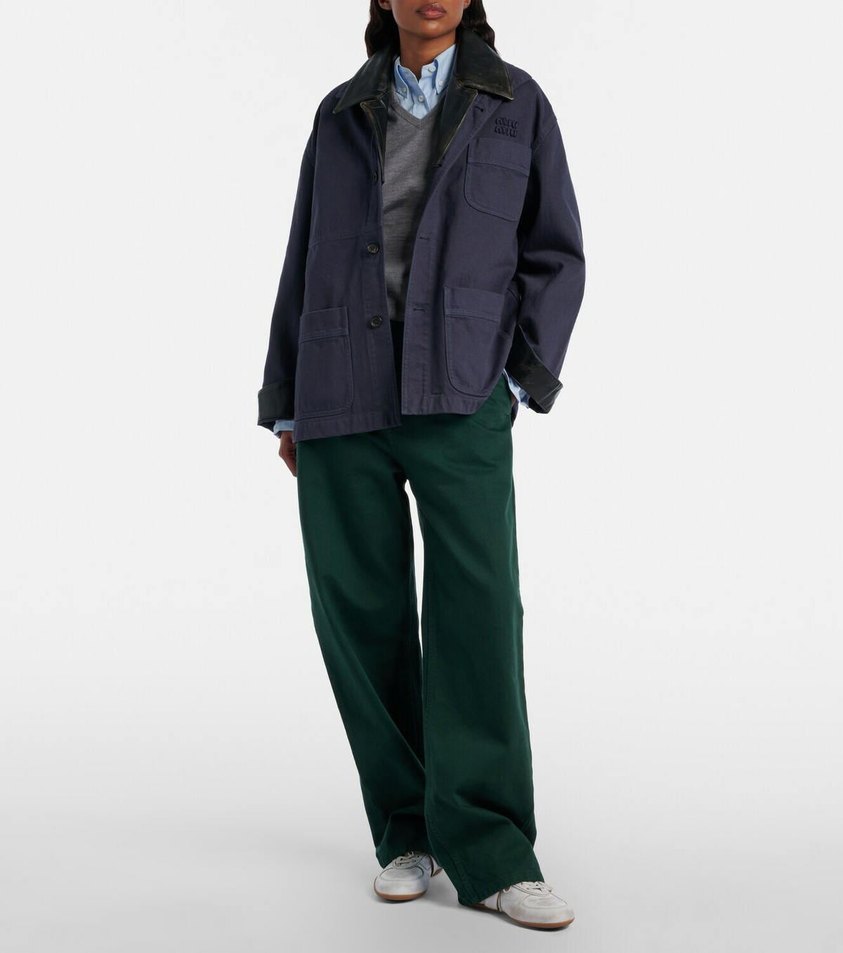 Miu Miu Leather-trimmed oversized cotton gabardine jacket