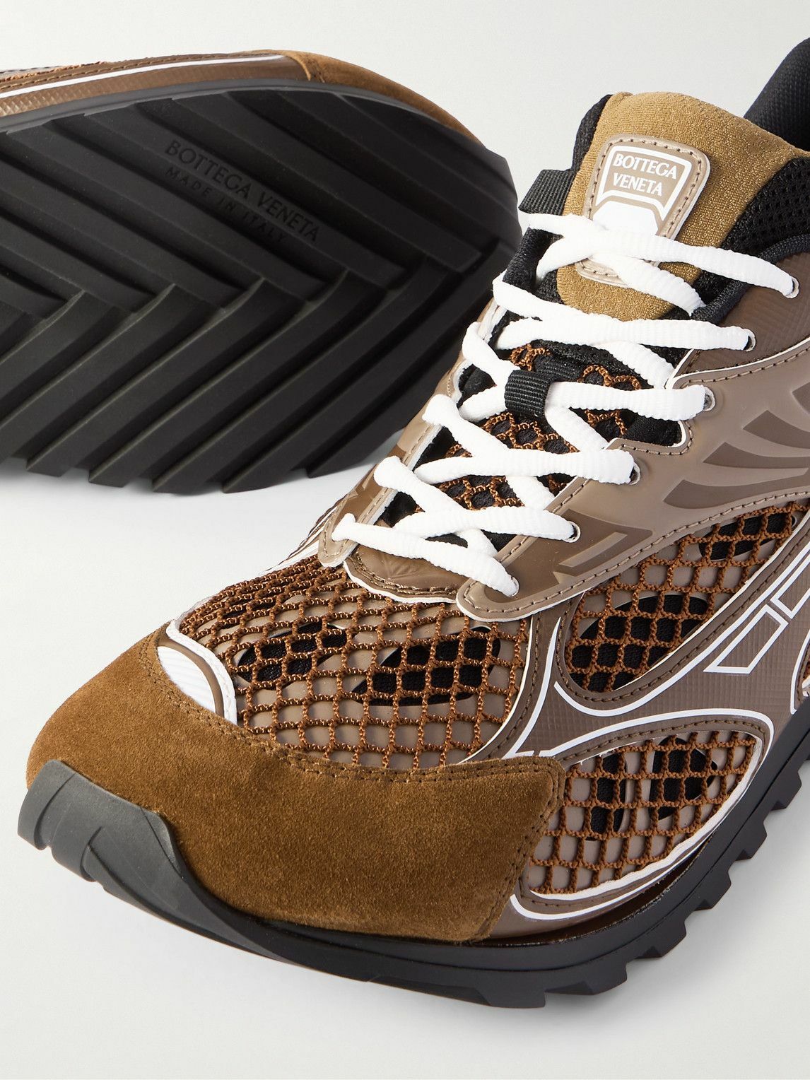 Bottega Veneta Orbit Suede Trimmed Rubber And Mesh Sneakers Brown Bottega Veneta Orbit Suede Trimmed Rubber And Mesh Sneakers Brown
