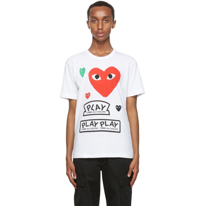 Photo: Comme des Garcons Play White and Red Multi Logo T-Shirt