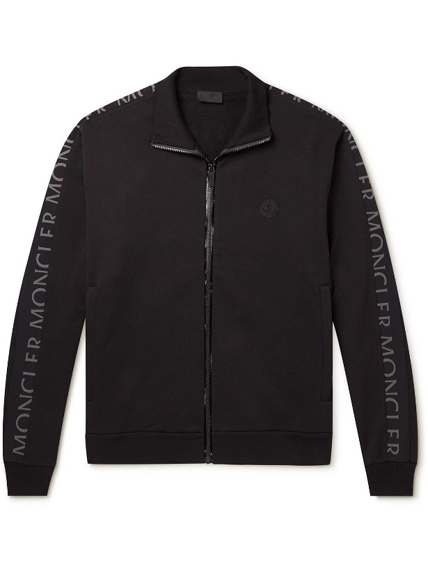 Photo: Moncler - Logo-Print Shell-Trimmed Cotton-Jersey Zip-Up Sweatshirt - Black