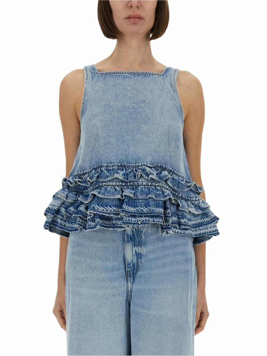 Tシャツ・カットソー GANNI DENIM RUFFLE TOP GANNI Pink Denim Shirt GANNI