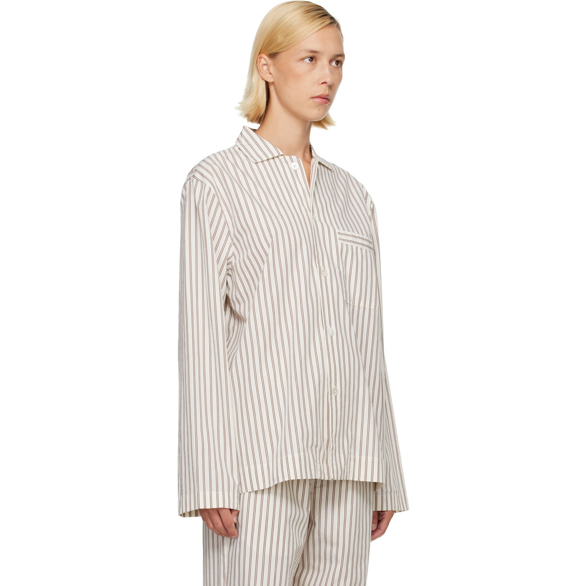 Tekla Off-White & Brown Poplin Long-Sleeved Pyjama Shirt