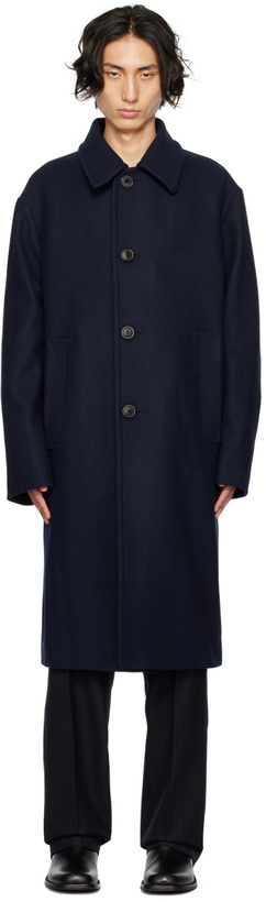 Photo: Dries Van Noten Navy Spread Collar Coat