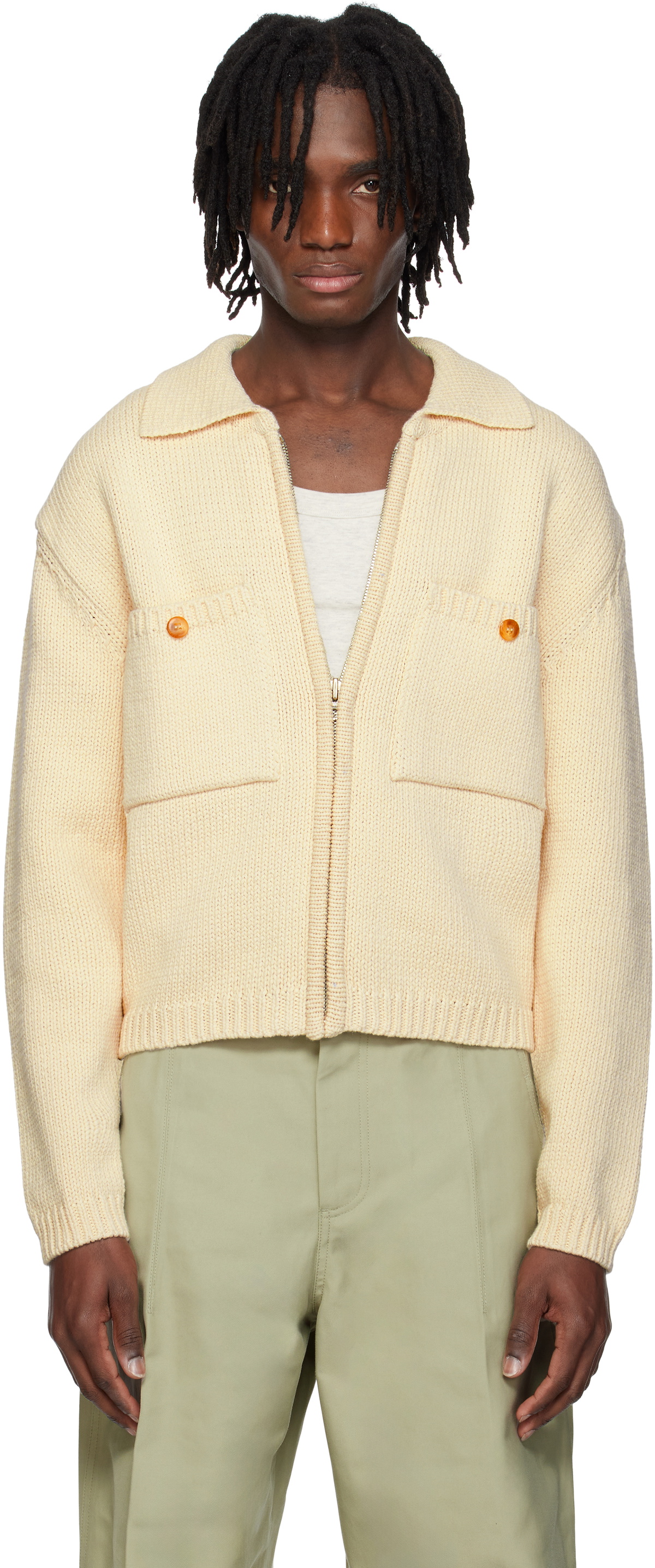 RECTO Off-White Pockets Detail Knit Zip-Up Cardigan