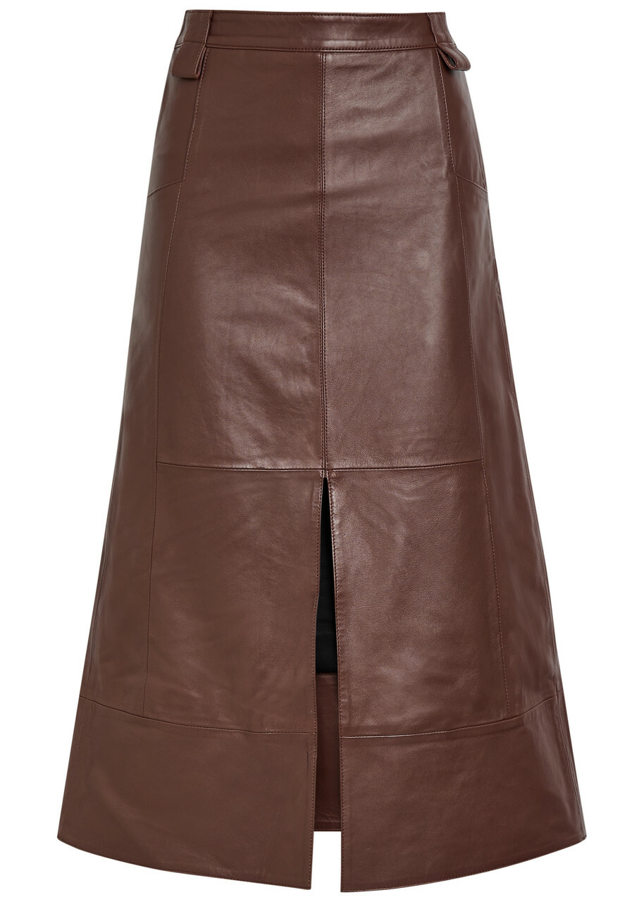 Skiim Farrah Leather Midi Skirt Dark Brown