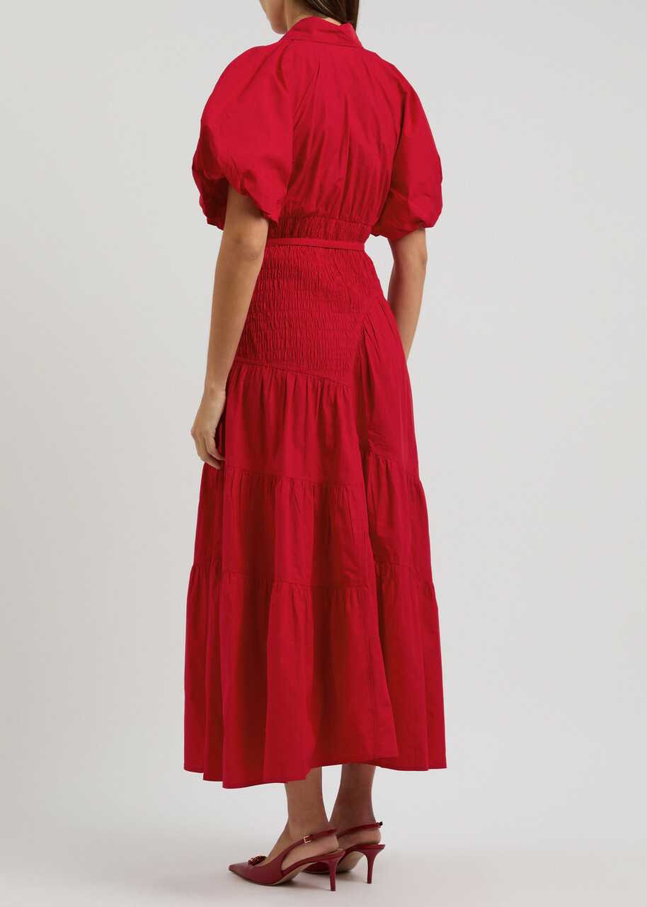 Lovebirds Tiered Belted Cotton Midi Shirt Dress Red