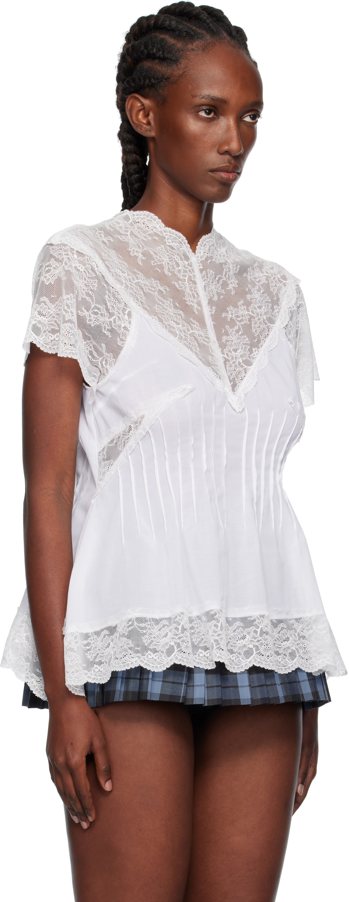Pushbutton White Lace Trim Darted Top