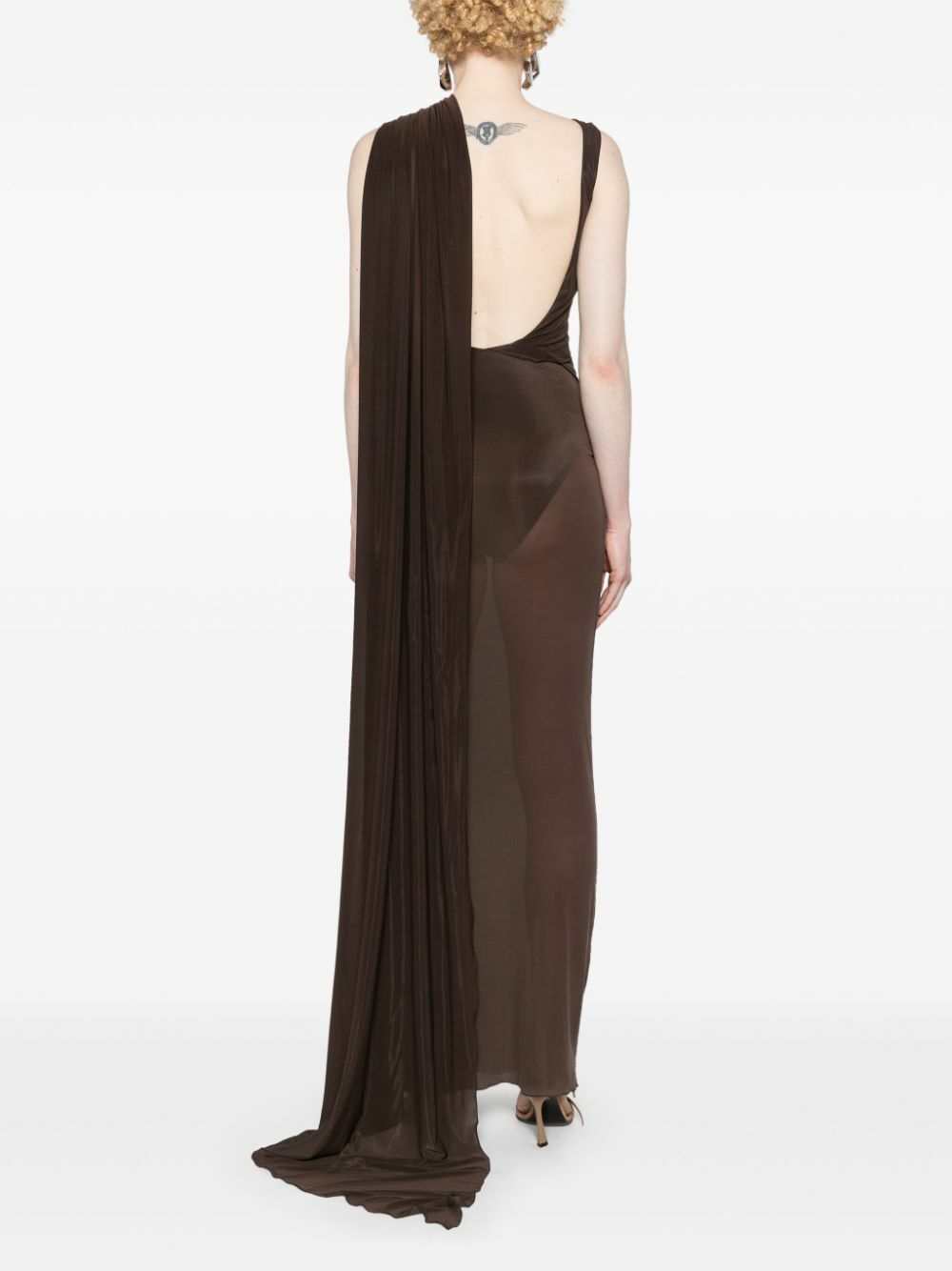 brown sheer maxi dress Sheer Luck Thea Sheath Mesh Backless Maxi Dress (Light Brown) M