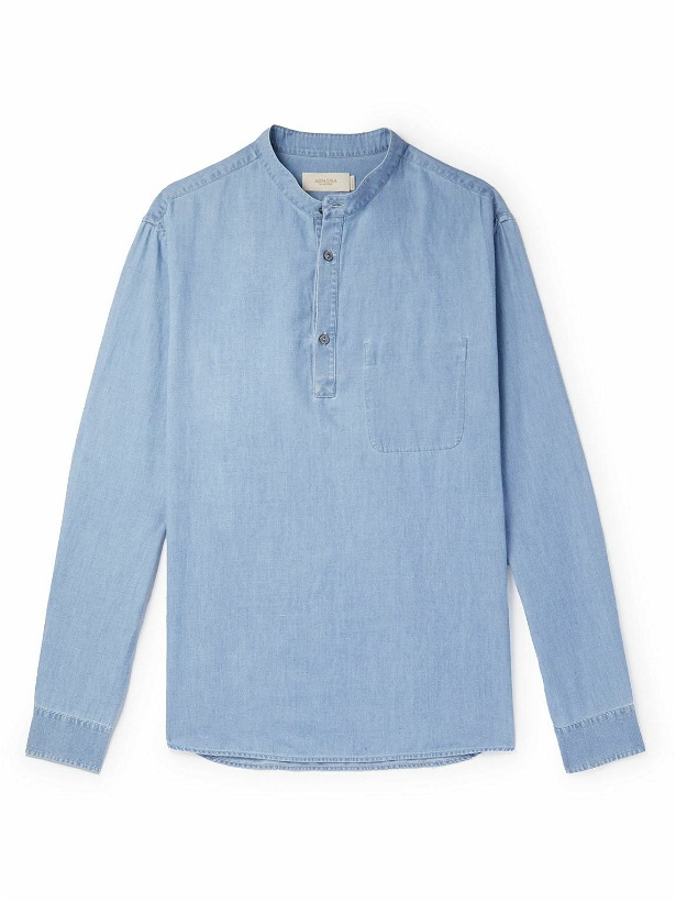 Photo: Agnona - Grandad-Collar Cotton, Linen and Cashmere-Blend Chambray Shirt - Blue
