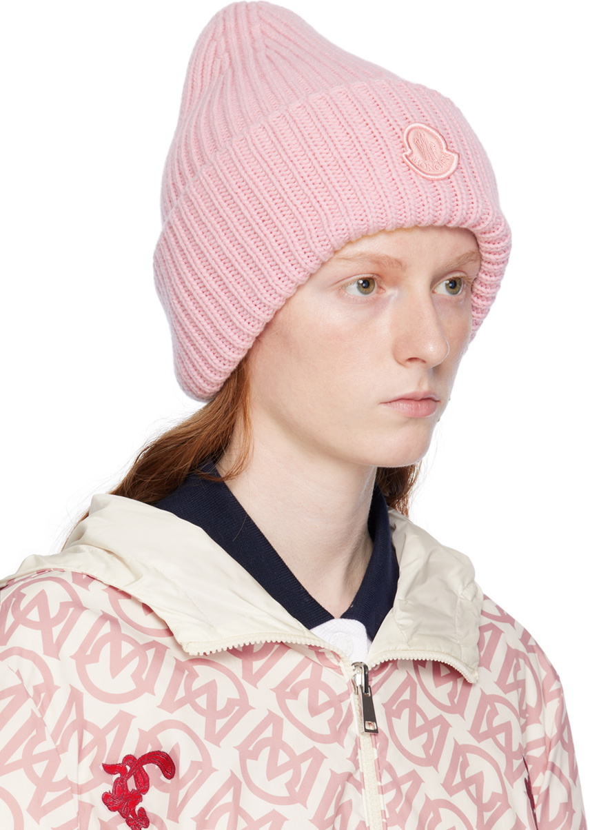 NEW MONCLER STYLISH BEIGE BROWN LIGHT PINK WOOL KNIT LOGO BEANIE HAT Moncler Lettering Knit Hat – TuesdaysChild.com main image 3