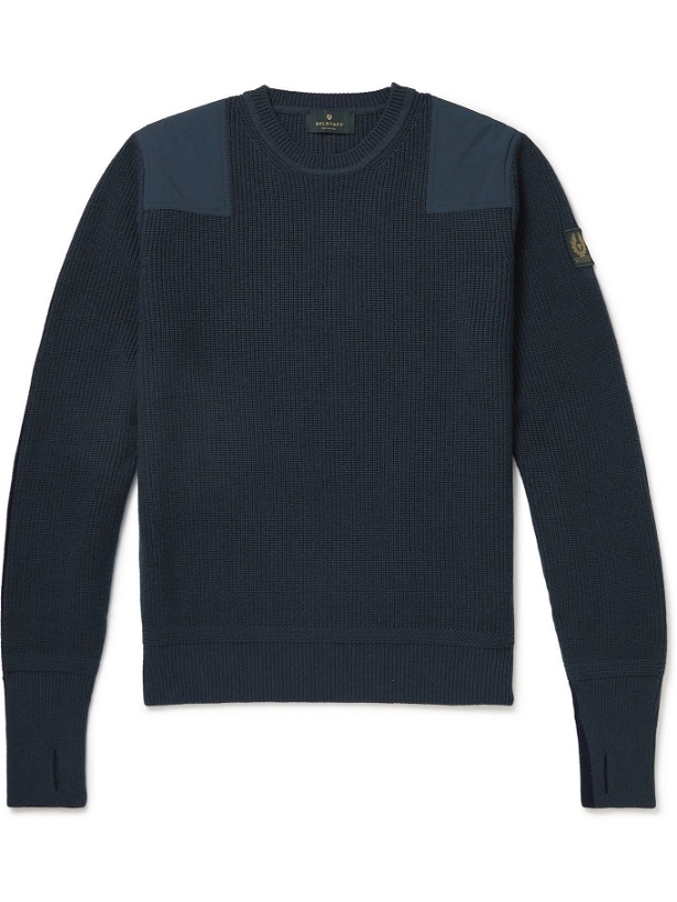 Photo: Belstaff - Brigade Shell-Panelled Ribbed Virgin Wool Sweater - Blue