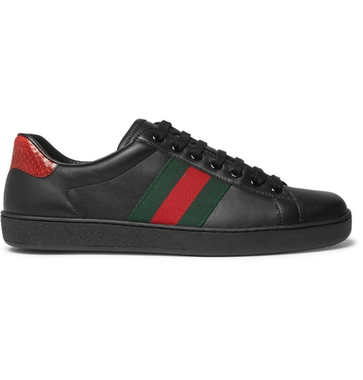 Photo: Gucci - Ace Snake-Trimmed Leather Sneakers - Black