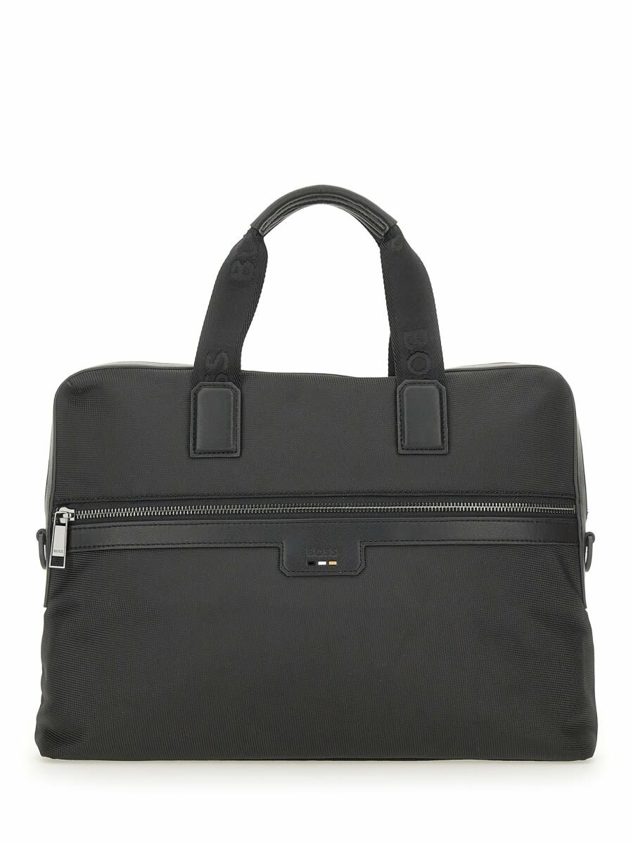 Hugo Black Grained Faux-Leather Stacked Logo Trim Backpack