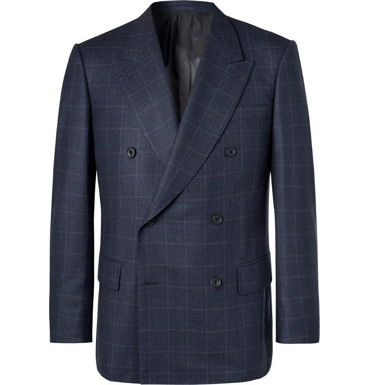 Photo: Kingsman - Navy Double-Breasted Prince of Wales Checked Wool Suit Jacket - Navy