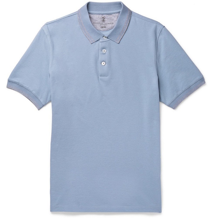 Photo: Brunello Cucinelli - Slim-Fit Contrast-Tipped Cotton-Piqué Polo Shirt - Men - Light blue
