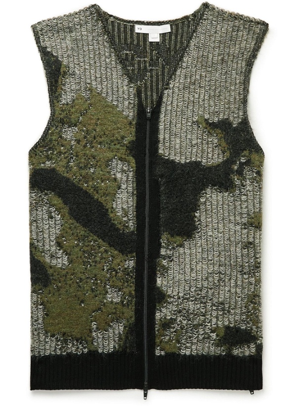Photo: Y-3 - Camouflage Intarsia Textured-Knit Sweater Vest - Green