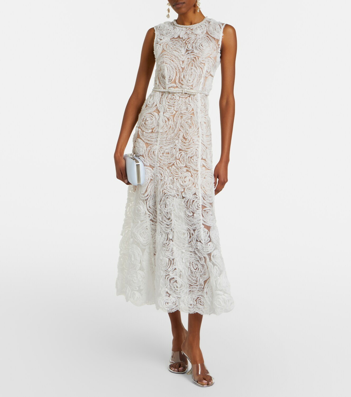 Self-Portrait Embellished lace-trimmed tulle midi dress