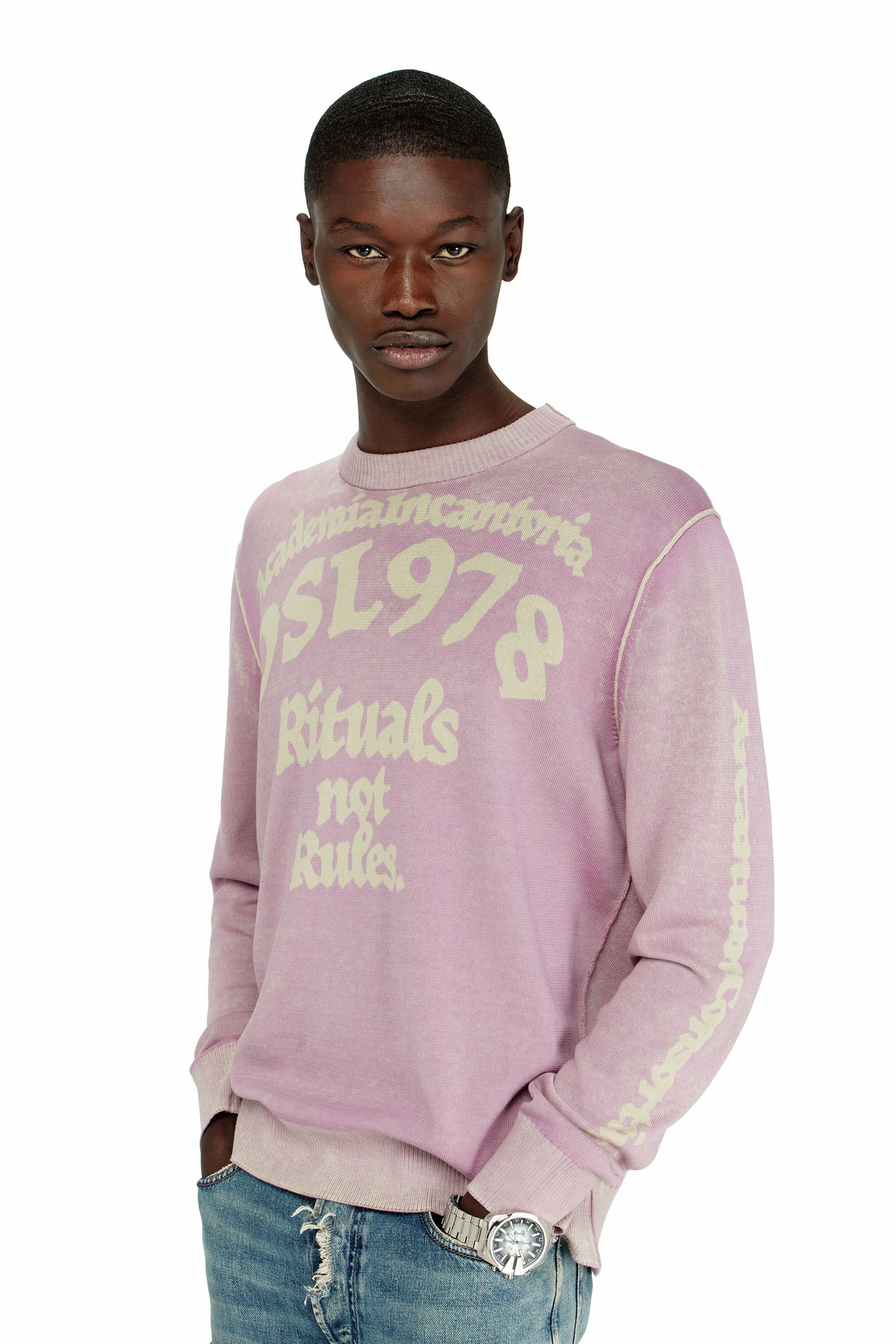 Diesel Treated cotton jumper with slogan - Knitwear Mens in Violet