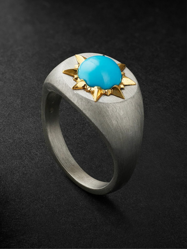 Photo: Jenny Dee Jewelry - Sunshine Brushed Sterling Silver, 18-Karat Gold and Turquoise Signet Ring - Blue